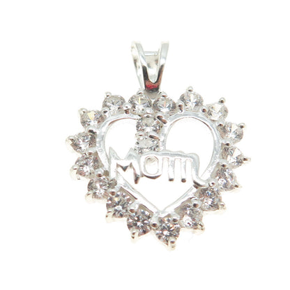 HAN 925 Sterling Silver Round-Cut C Z "Mom" Heart Pendant