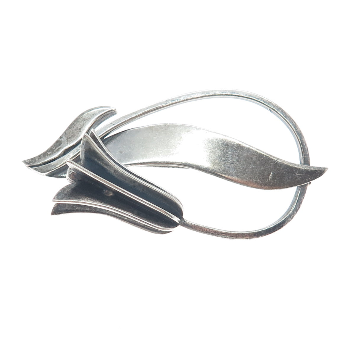 GINA Sterling Silver Vintage Mexico Tulip Flower Modernist Oxidized Pin Brooch