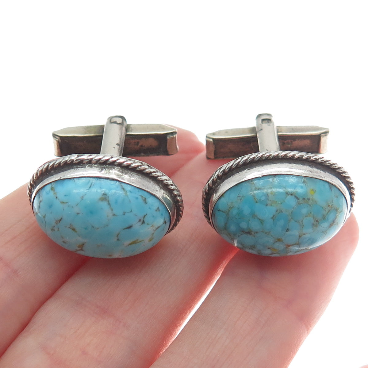 925 Sterling Silver Vintage Mexico Faux Turquoise Oxidized Cufflinks
