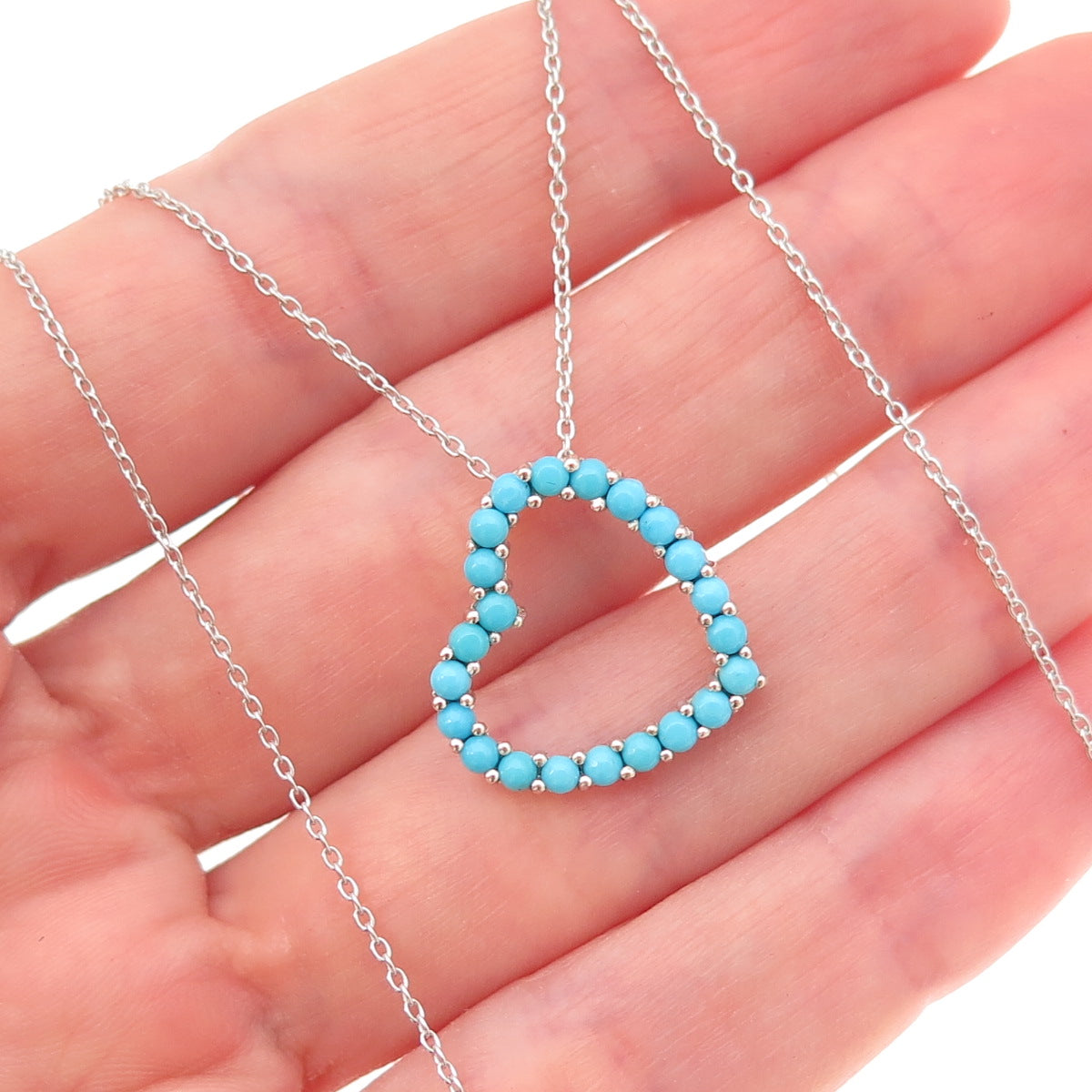 Chuck Clemency 925 Sterling Silver Real Turquoise Heart Cable Chain Necklace 20"