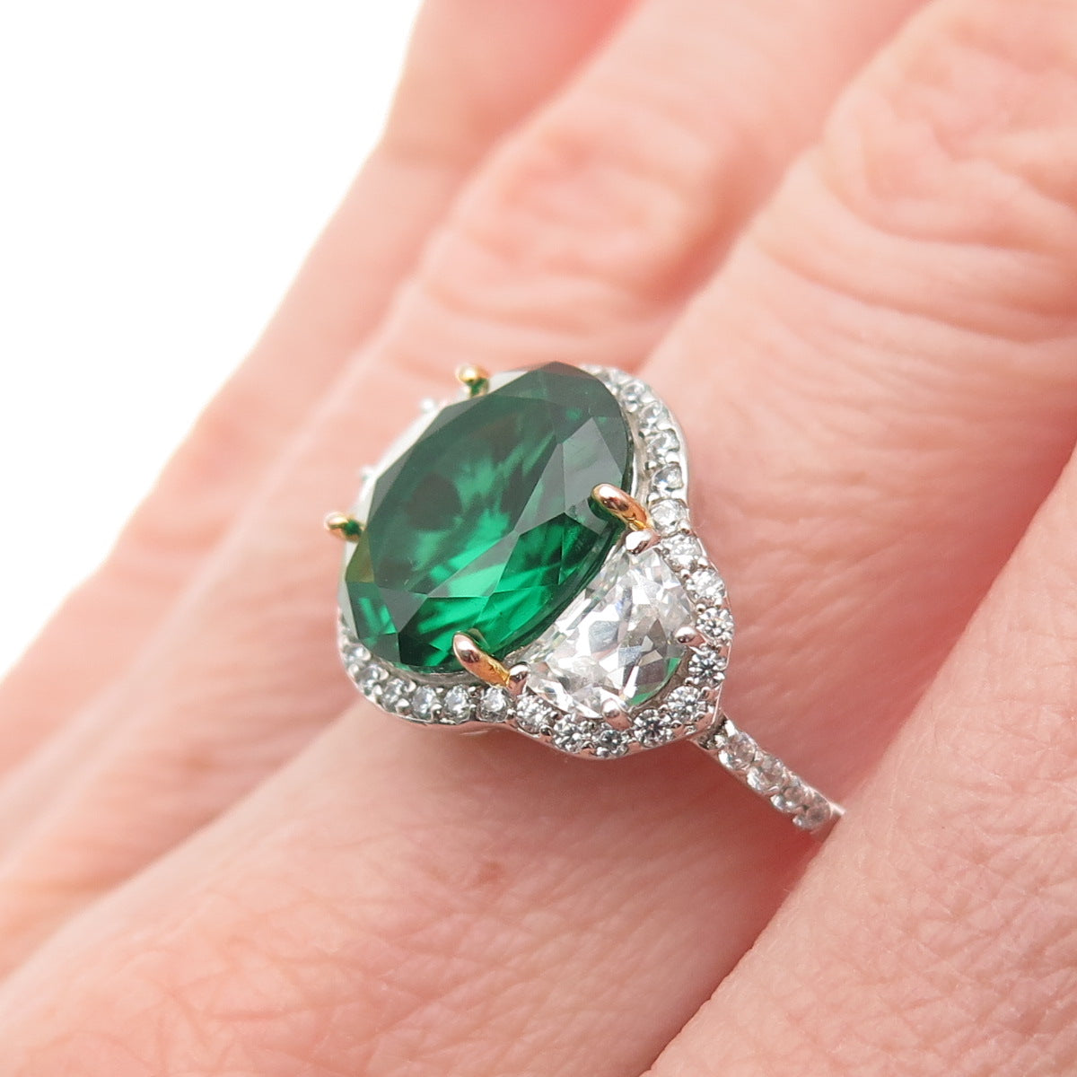 925 Sterling Silver Real Chrome Diopside & C Z Bohemian Ring Size 6