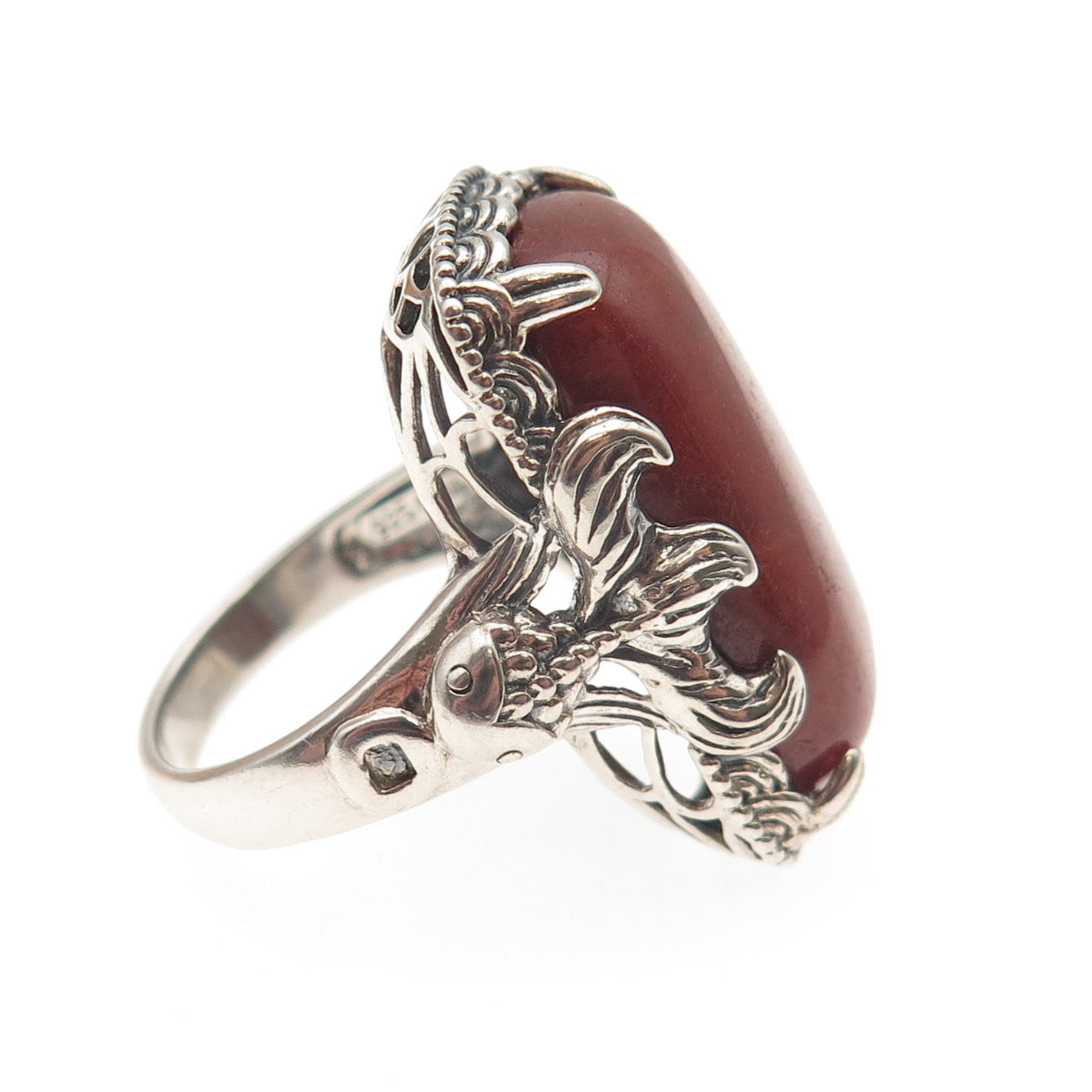 JOY 925 Sterling Silver Vintage Real Red Aventurine Fish Oxidized Ring Size 8.25