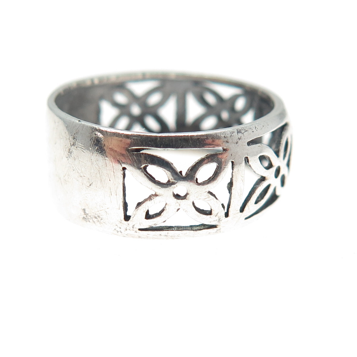 925 Sterling Silver Vintage Modernist Flower Oxidized Band Ring Size 8.25