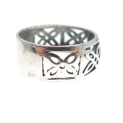 925 Sterling Silver Vintage Modernist Flower Oxidized Band Ring Size 8.25