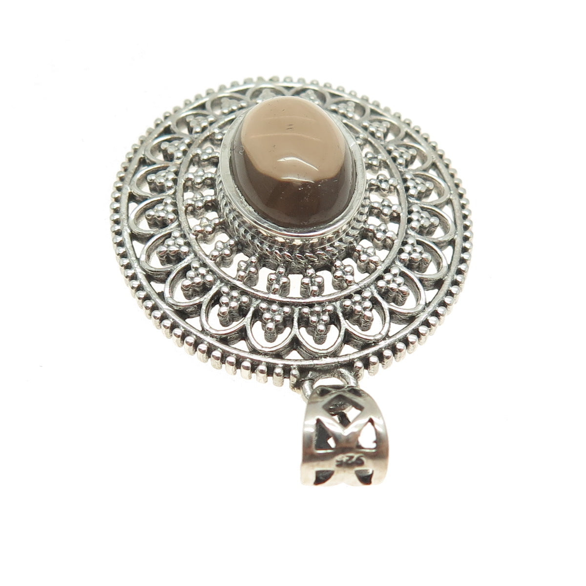 925 Sterling Silver Vintage Real Smoky Quartz Granulated Floral Oxidized Pendant