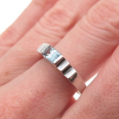 925 Sterling Silver Vintage Real Blue Topaz Oxidized Band Ring Size 8