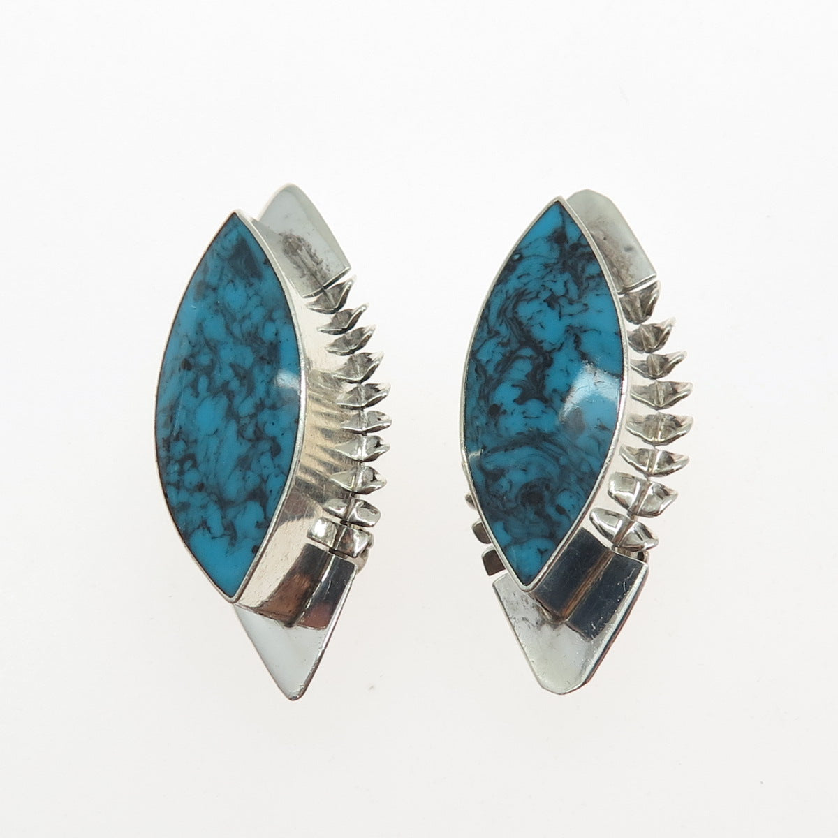 CAR-ISA Sterling Silver Vintage Mexico Real Bisbee Turquoise Clip On Earrings