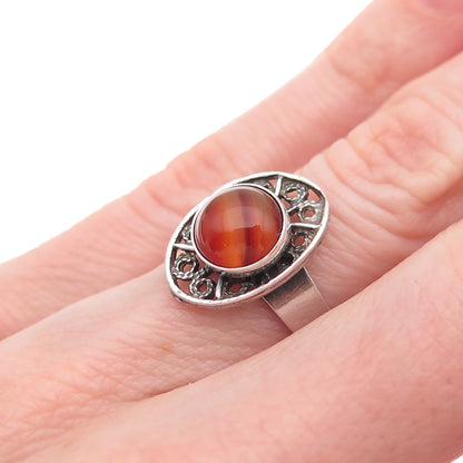 925 Sterling Silver Vintage Real Agate Filigree Adjustable Ring Size 5.75