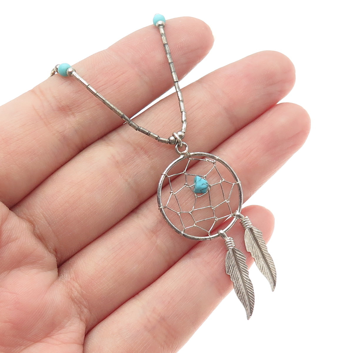 Old Pawn Sterling Silver Southwestern Turquoise Dreamcatcher Tribal Necklace 18"