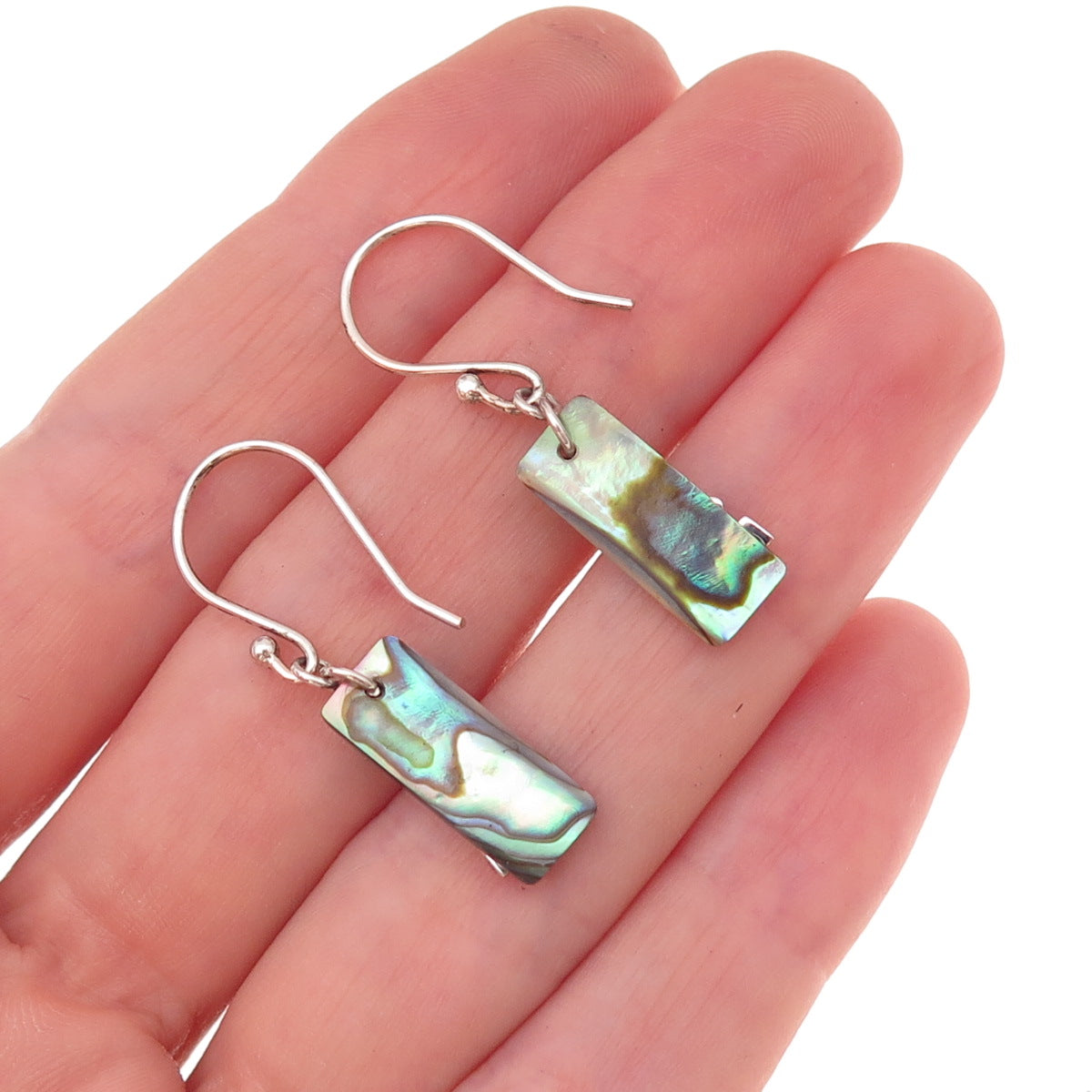 925 Sterling Silver Vintage Real Abalone Shell Love Dangle Earrings