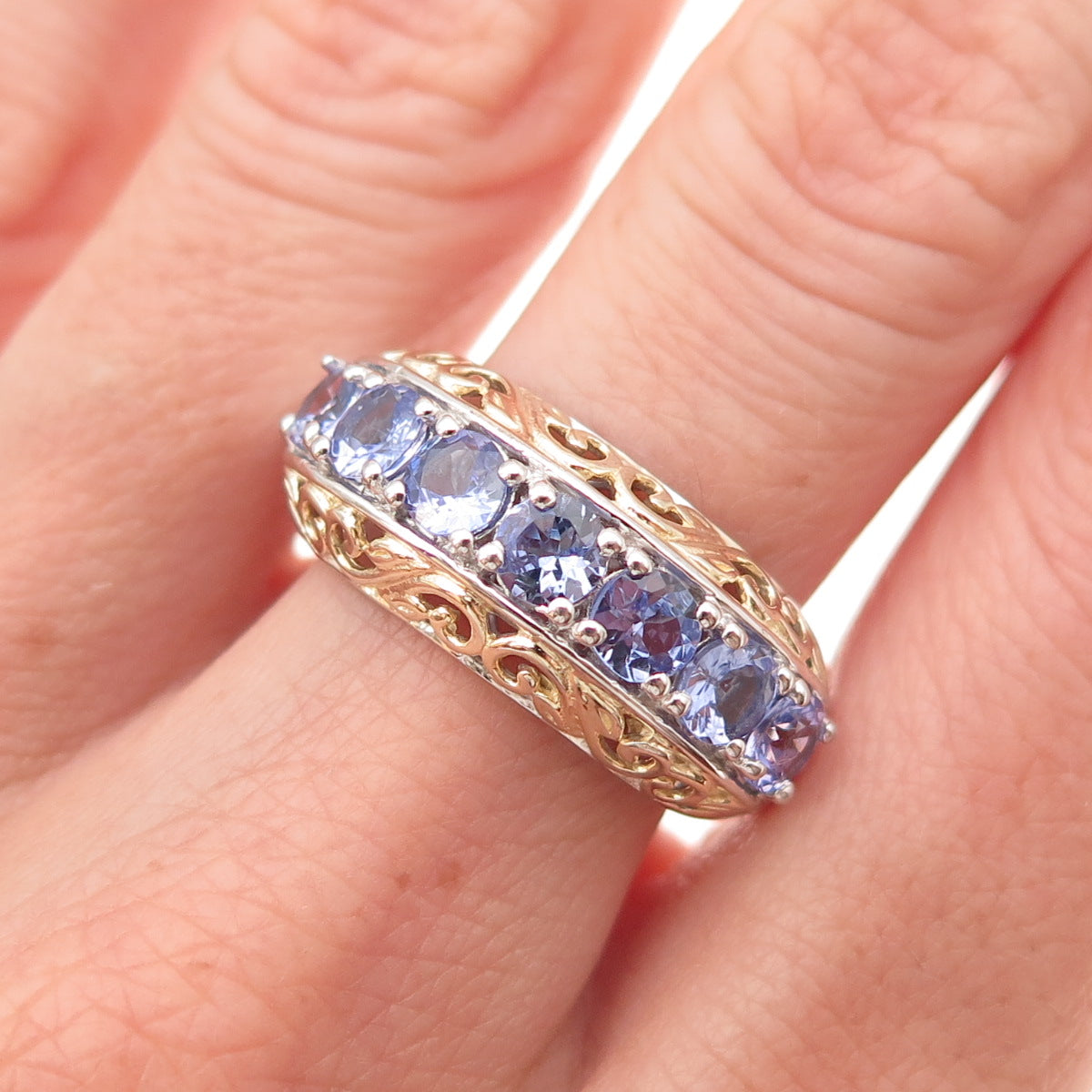 Chuck Clemency Sterling Silver 2-Tone Real Round-Cut Tanzanite Ring Size 8.25