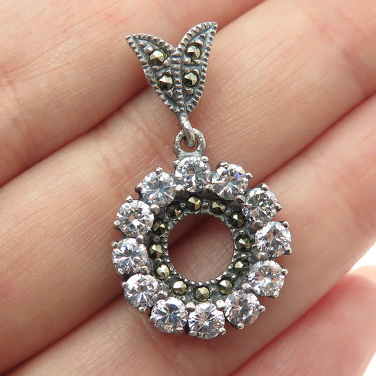 925 Sterling Silver Vintage Marcasite Gem & Round-Cut Shaped C Z Pendant