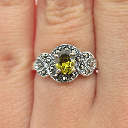 925 Sterling Silver Antique Art Deco Real Citrine & Marcasite Gem Ring Size 5.75