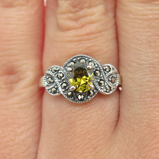 925 Sterling Silver Antique Art Deco Real Citrine & Marcasite Gem Ring Size 5.75