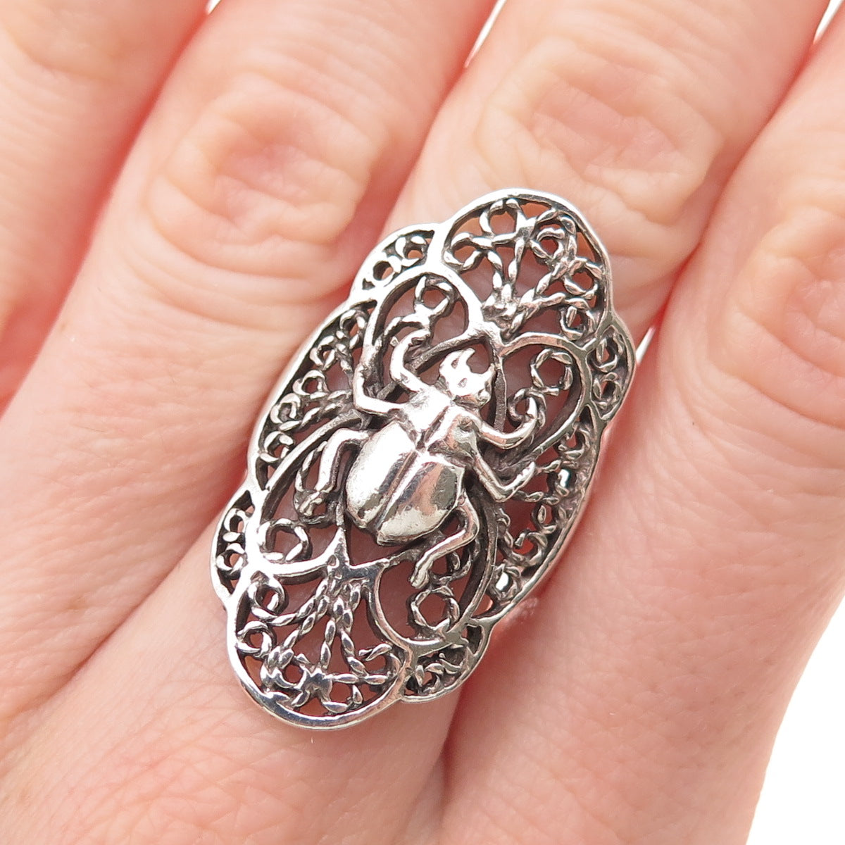 925 Sterling Silver Vintage Egyptian Scarab Oxidized Ring Size 7.5