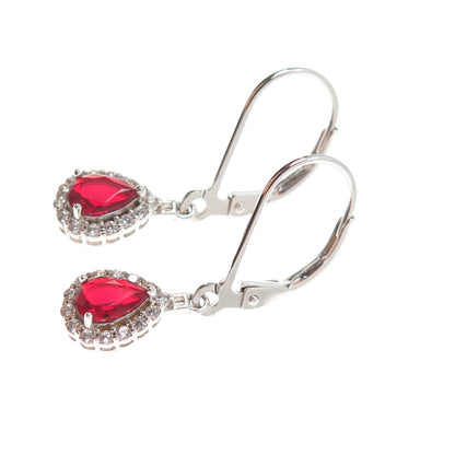 DSMK 925 Sterling Silver Real Red Garnet & C Z Teardrop Dangle Earrings