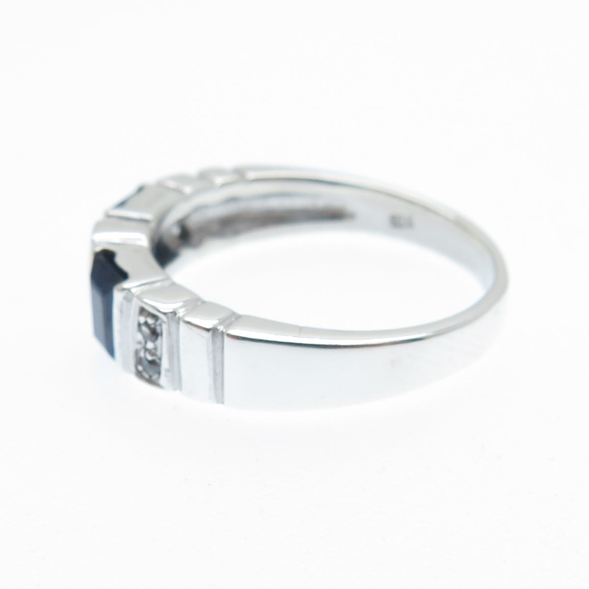 925 Sterling Silver Real Round-Cut White Topaz Emerald-Cut Sapphire Ring Size 8