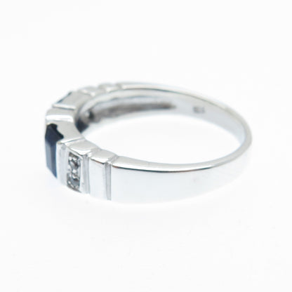 925 Sterling Silver Real Round-Cut White Topaz Emerald-Cut Sapphire Ring Size 8