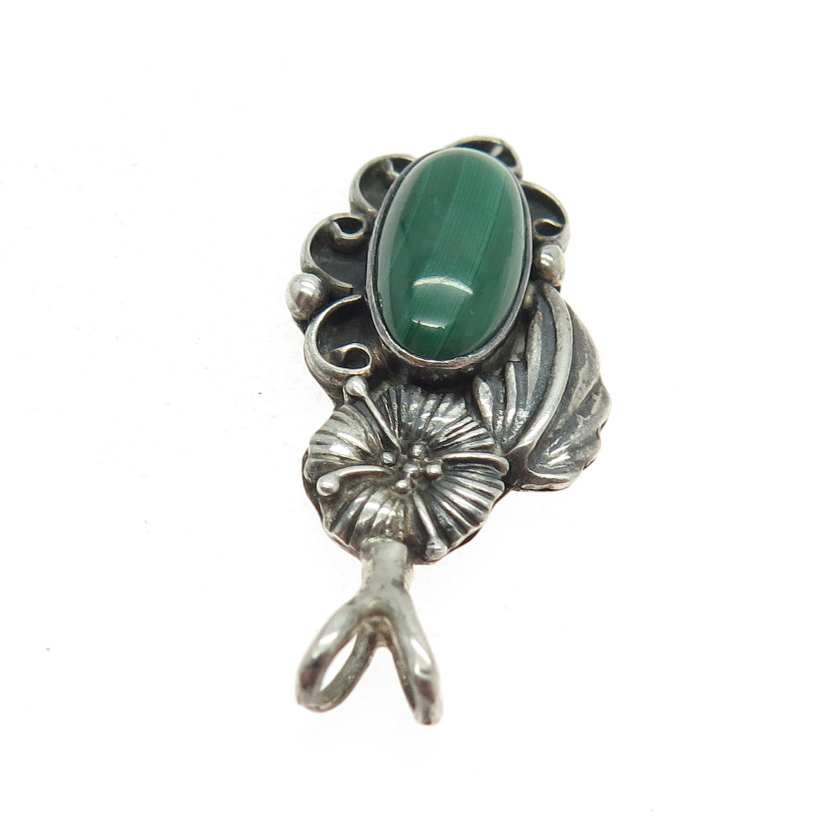 CAROL FELLEY Sterling Silver Vintage 1994 Real Malachite Floral Feather Pendant