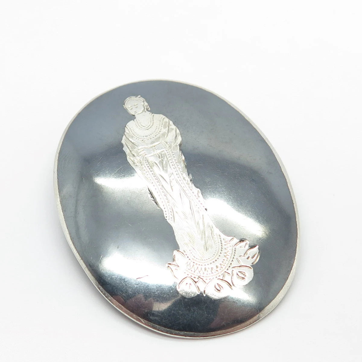 925 Sterling Silver Vintage Siam Hindu Goddess Oval Pin Brooch