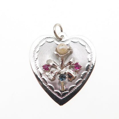 925 Sterling Silver Vintage Faux Pearl & Rhinestone Flower Charm Pendant