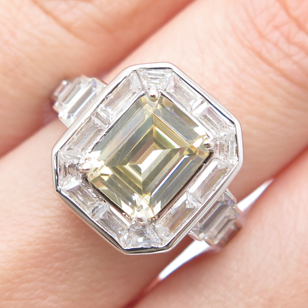 DSMK 925 Sterling Silver White & Lemon Emerald-Cut Shaped C Z Ring Size 7.25