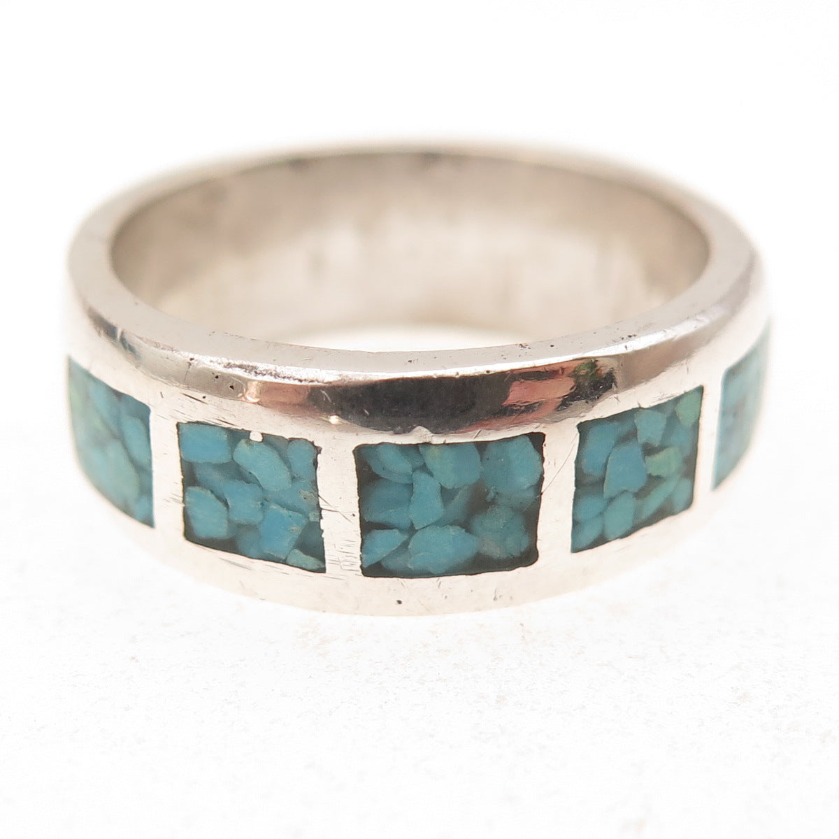 Old Pawn 925 Sterling Silver Vintage Turquoise Inlay Tribal Band Ring Size 9.5