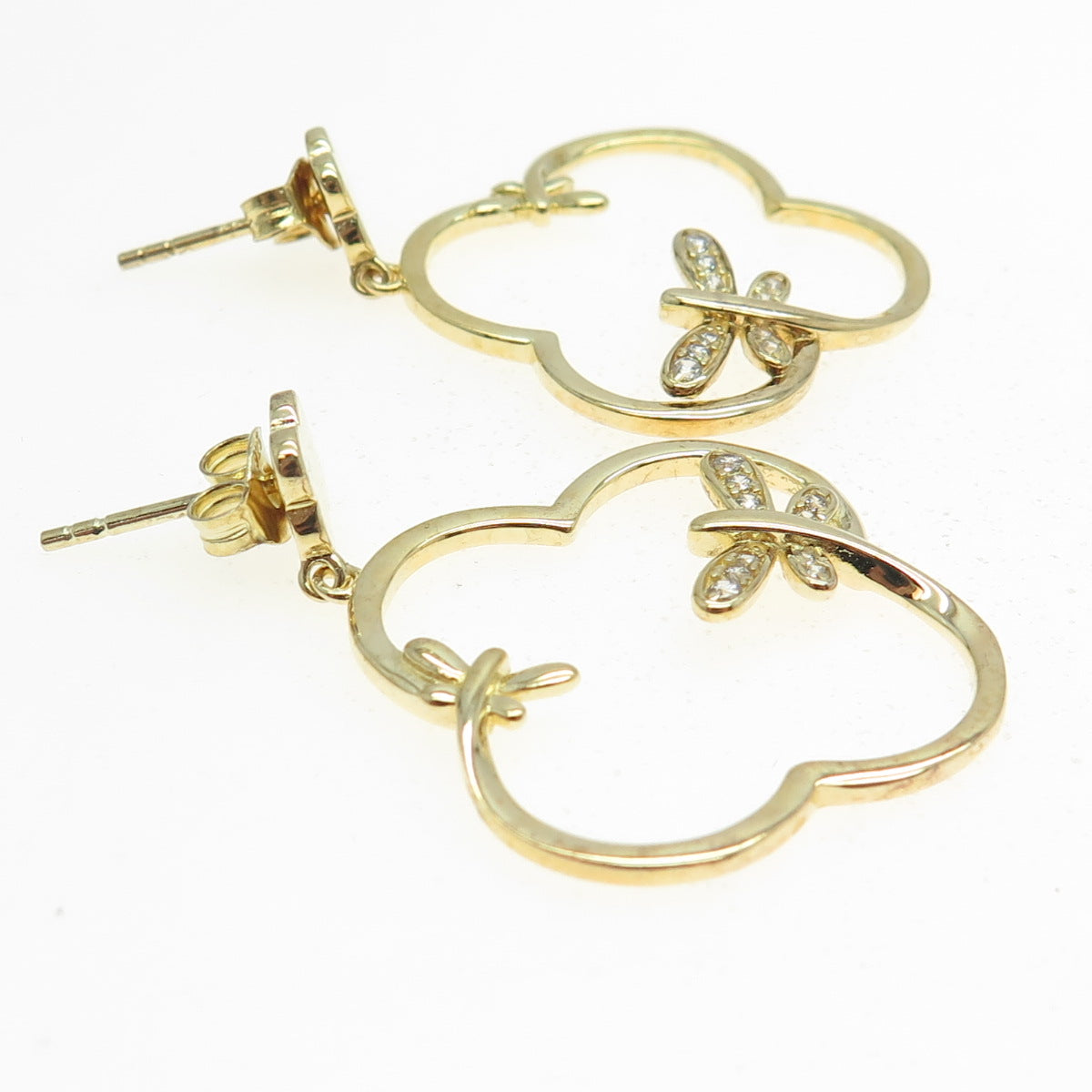 925 Sterling Silver Gold Plated Round-Cut C Z Dragonfly Floral Earrings