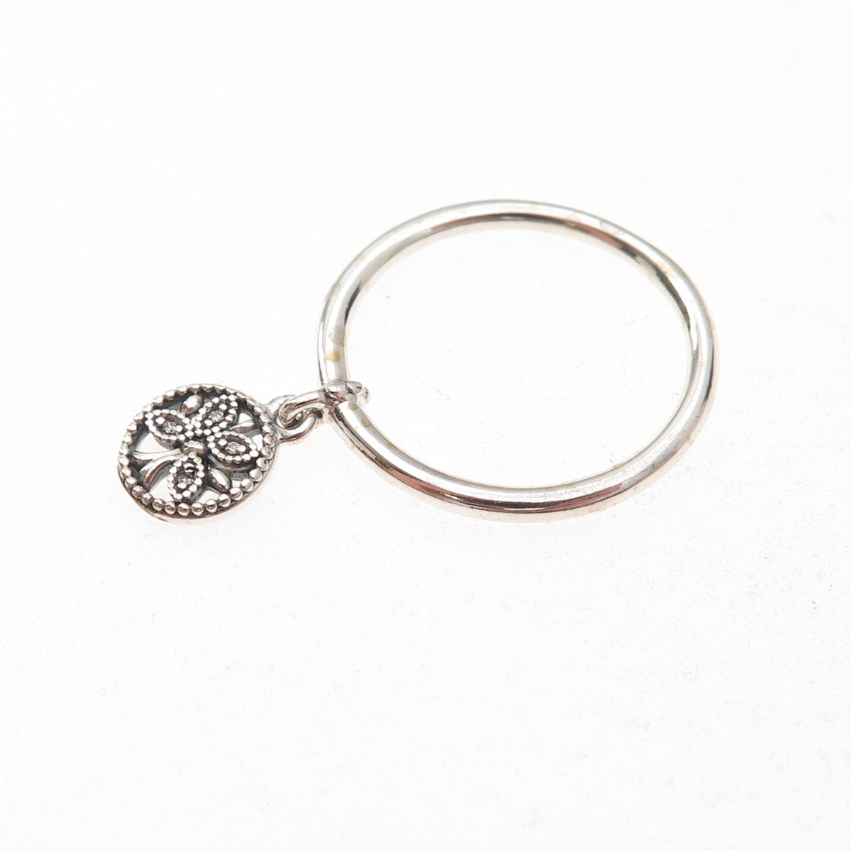 Pandora 925 Sterling Silver Round-Cut C Z Tree of Life Dangle Charm Ring Size 6