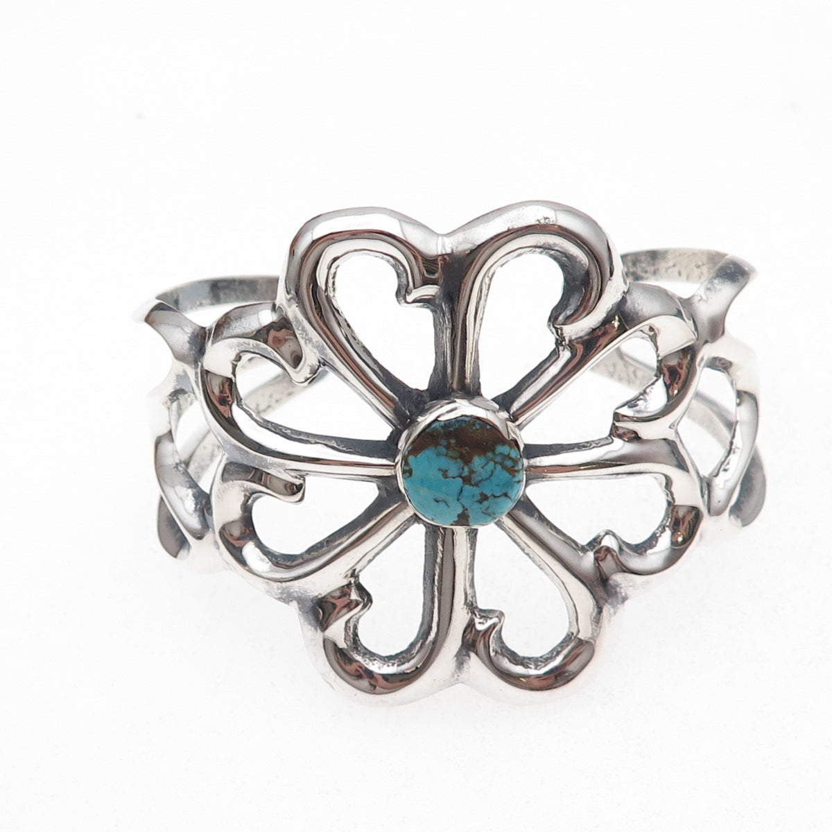 Old Pawn 925 Sterling Silver Vintage Turquoise Floral Adjustable Bracelet 6"