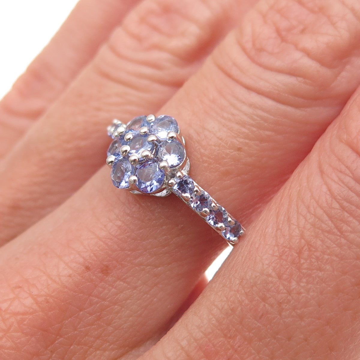 Chuck Clemency 925 Sterling Silver Real Round-Cut Tanzanite Floral Ring Size 7