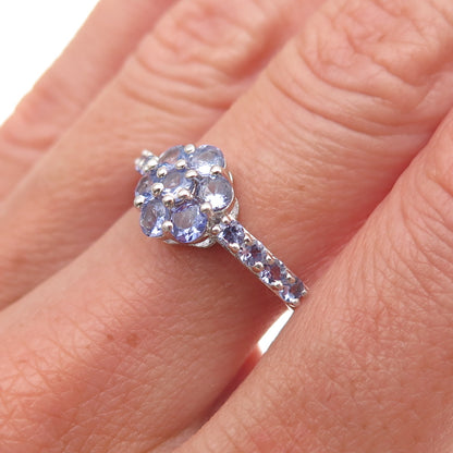 Chuck Clemency 925 Sterling Silver Real Round-Cut Tanzanite Floral Ring Size 7