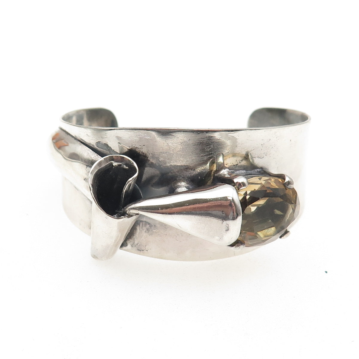 925 Sterling Silver Vintage Real Citrine Modernist Adjustable Cuff Bracelet 6.5"