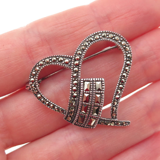 925 Sterling Silver Vintage Real Marcasite Heart Oxidized Pin Brooch