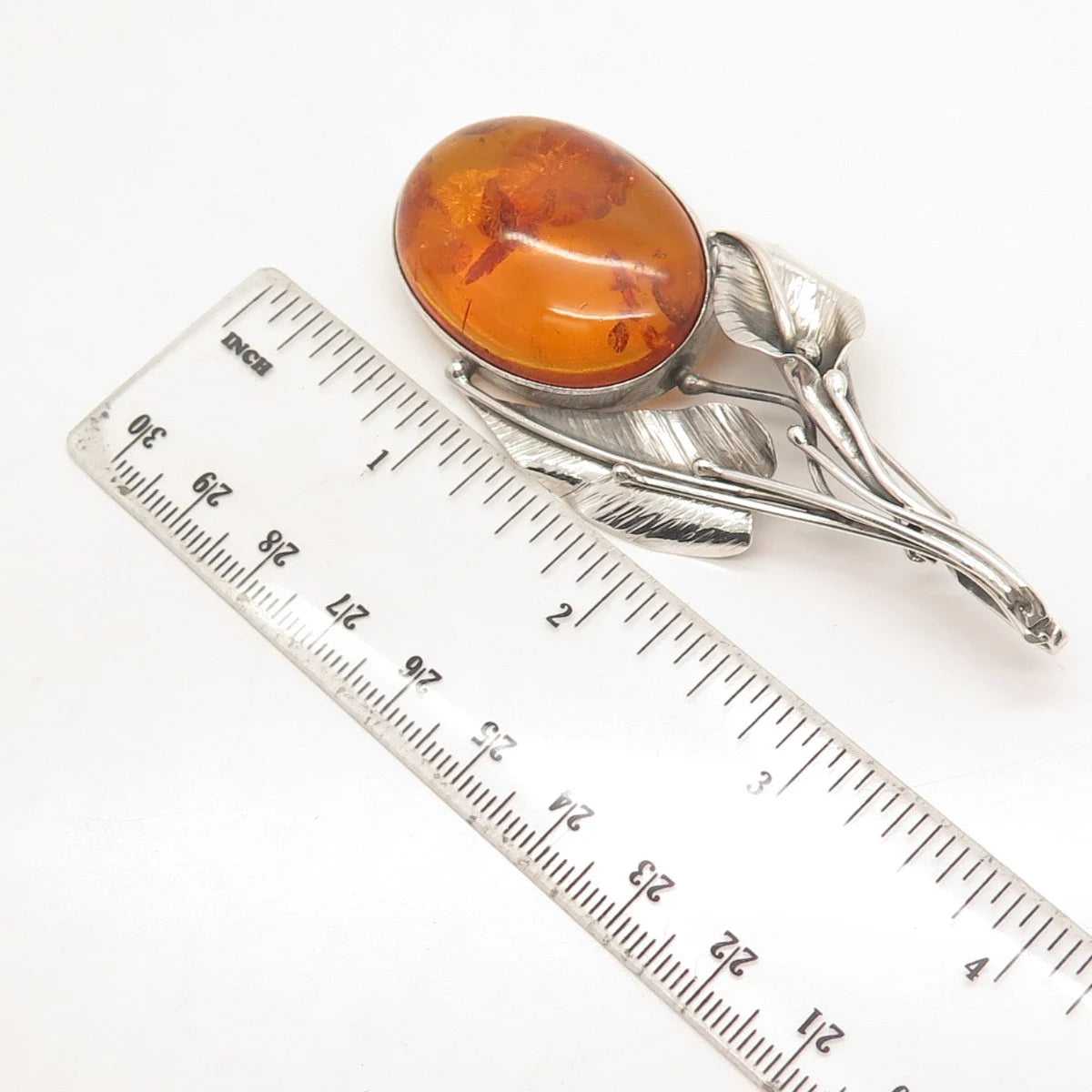 925 Sterling Silver Vintage Graciana Real Amber Floral Leaf Pin Brooch