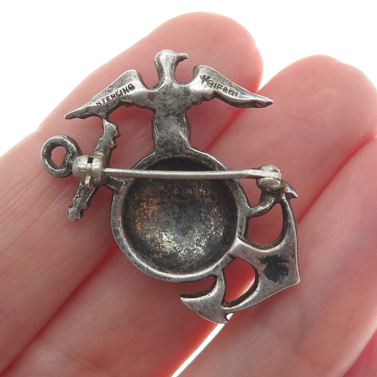 TRIFARI 925 Sterling Silver Antique Rhinestone US Marine Corps Oxidized Brooch