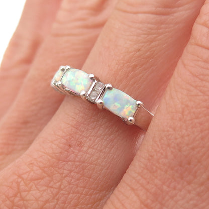 925 Sterling Silver Vintage Real Opal & White Topaz Ring Size 7.25