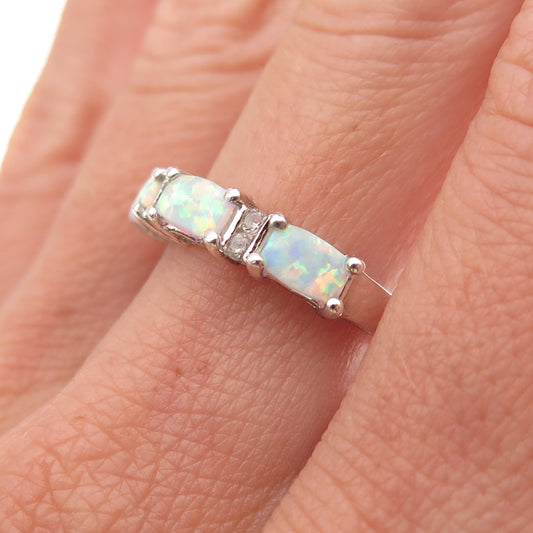 925 Sterling Silver Vintage Real Opal & White Topaz Ring Size 7.25