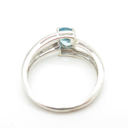 925 Sterling Silver Real Round-Cut Diamond & Blue Topaz Bypass Ring Size 6.75