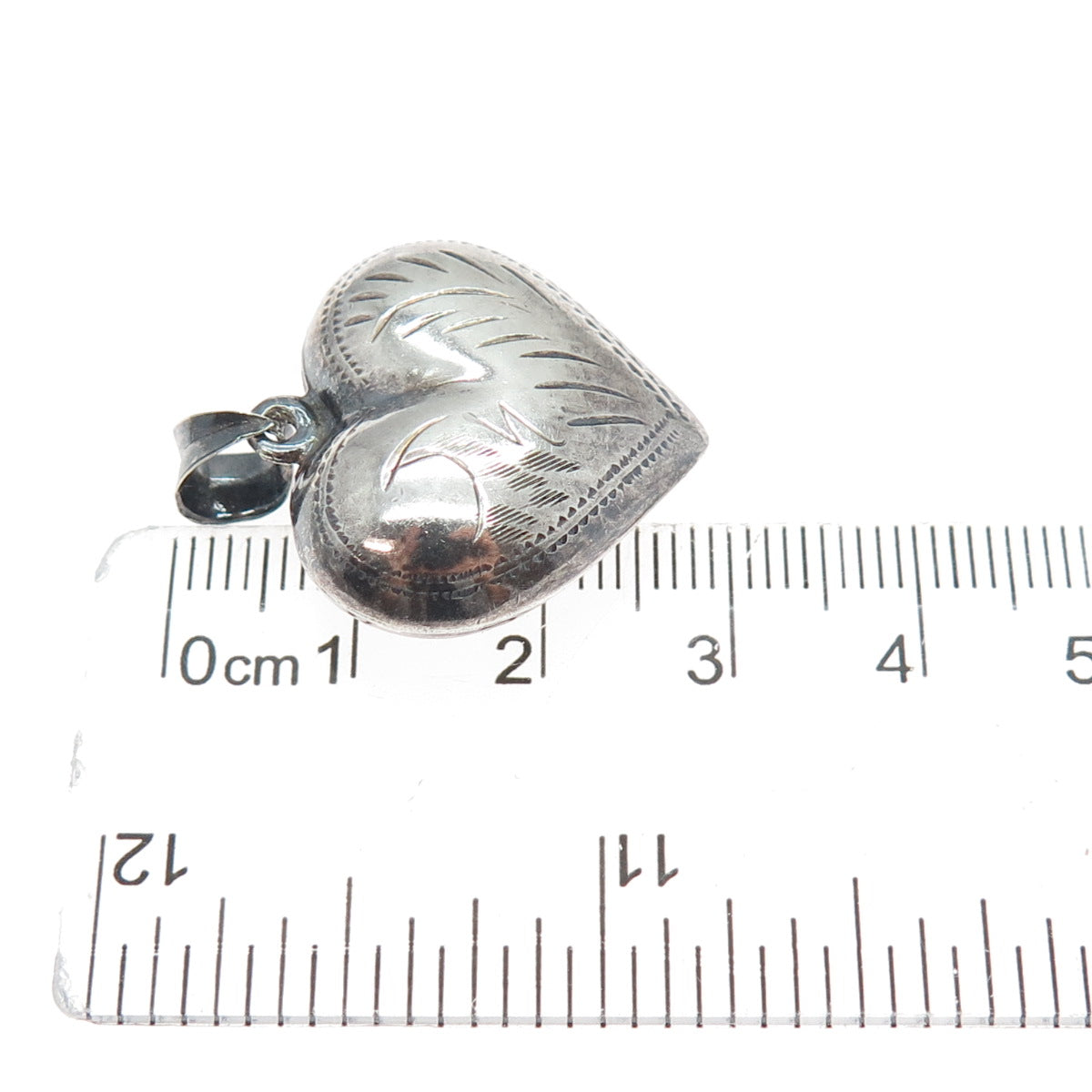 925 Sterling Silver Vintage Engraved Puffy Heart Oxidized Charm Pendant