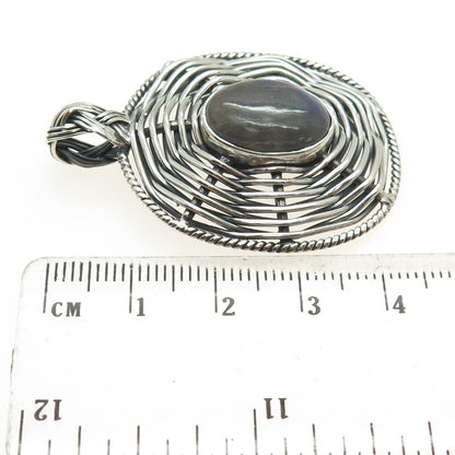 925 Sterling Silver Vintage Real Labradorite Modernist Wicker Oxidized Pendant