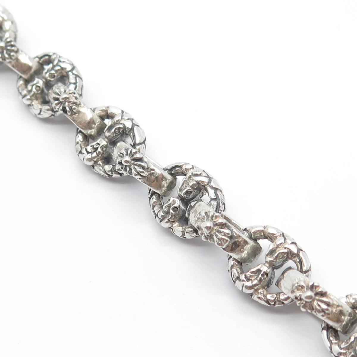 925 Sterling Silver Vintage Snake Head Ornate Rolo Link Bracelet 7.25"