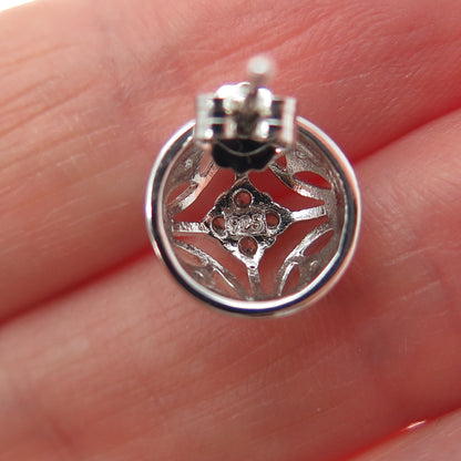 925 Sterling Silver Round-Cut C Z Ornate Stud Earrings