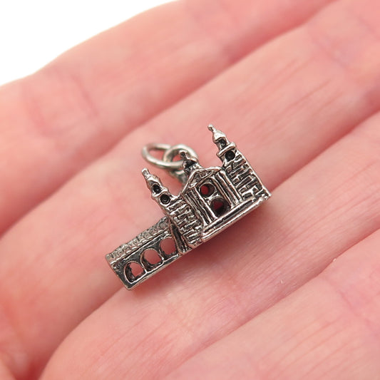 925 Sterling Silver Vintage Old Church Oxidized Mini 3D Charm Pendant