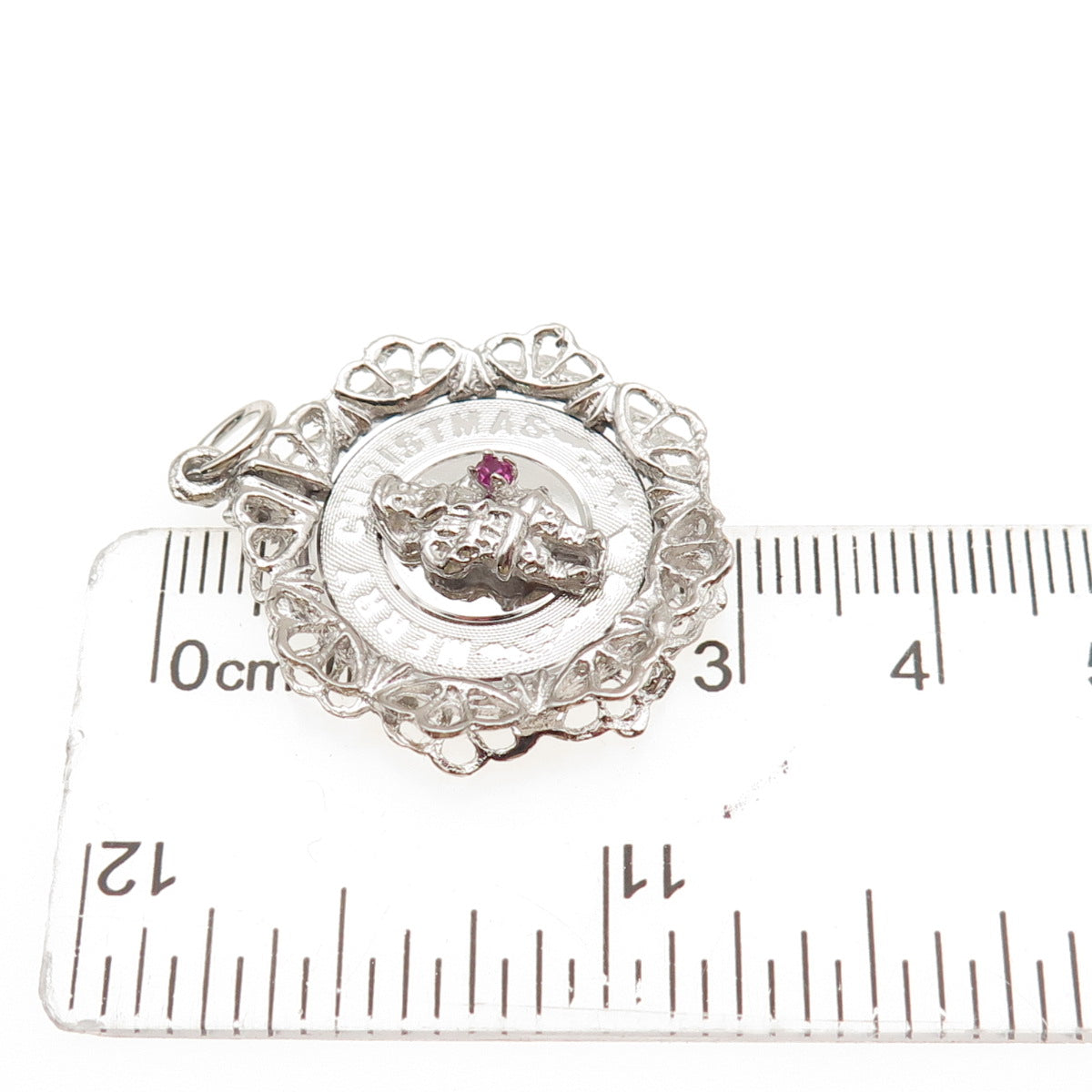 925 Sterling Silver Vintage Pink Rhinestone Merry Christmas Santa Charm Pendant