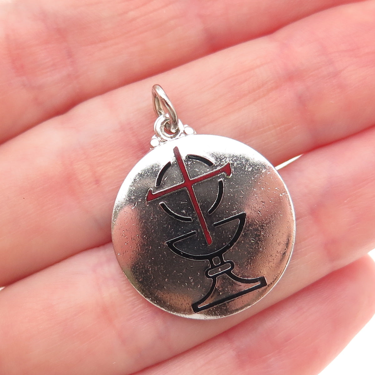 Creed 925 Sterling Silver Vintage Enamel Cross & Chalice Charm Pendant
