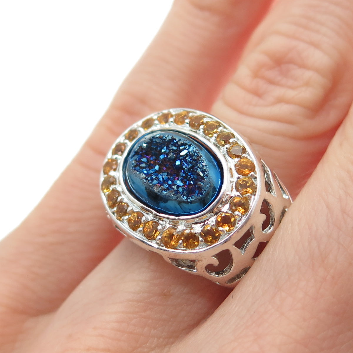 925 Sterling Silver Real Oval-Cut Druzy & Round-Cut Citrine Ring Size 5.25