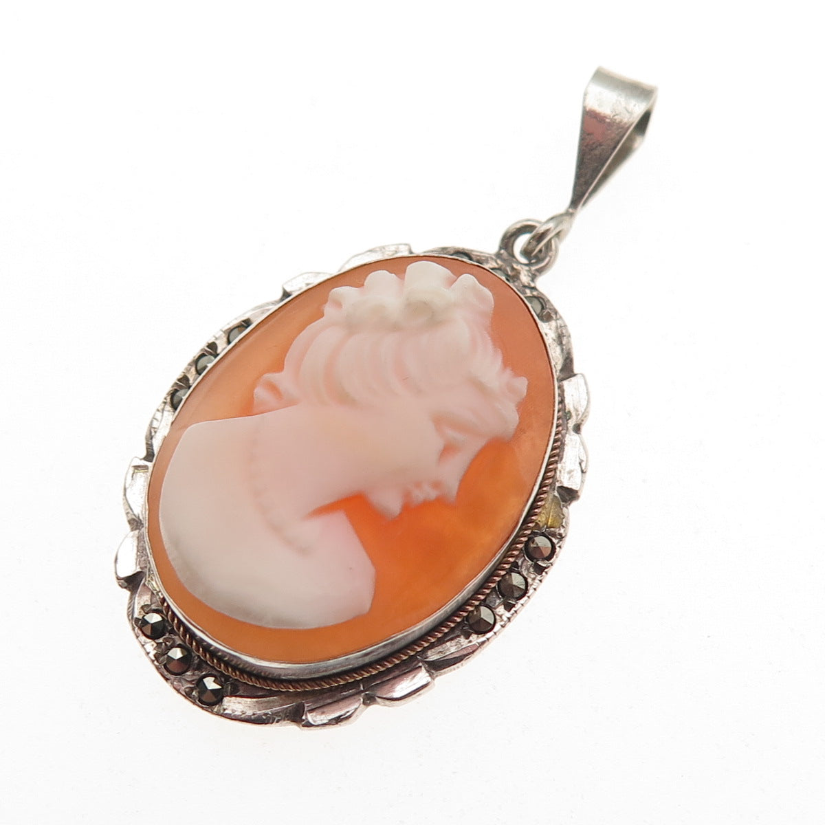 800 Silver Antique Art Deco Real MOP & Marcasite Carved Lady Cameo Charm Pendant