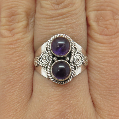 925 Sterling Silver Vintage Real Amethyst Granulated Spiral Ring Size 8