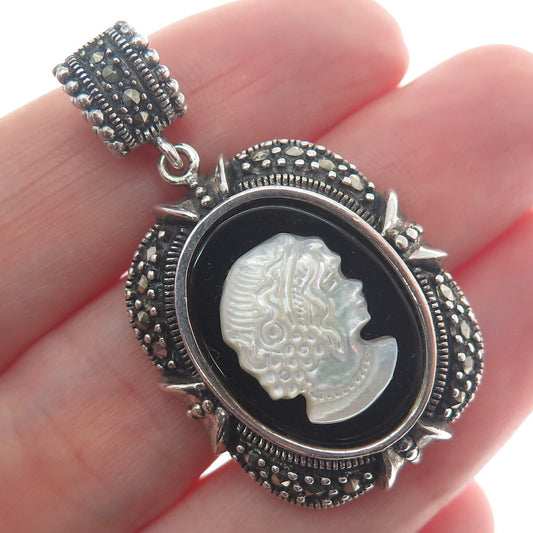 925 Sterling Silver Vintage MOP Black Onyx Marcasite Lady Cameo Oxidized Pendant